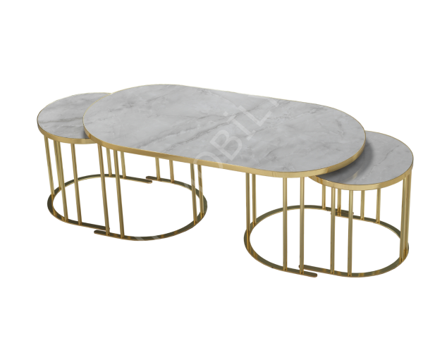 Oval 2+1 Gold Gri Mermer Sehpa
