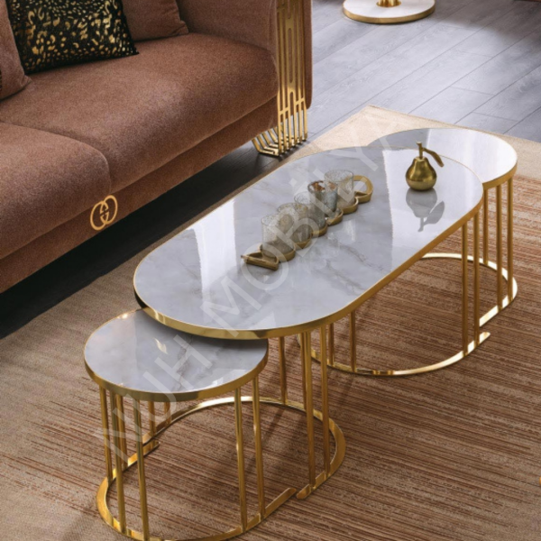 Oval 2+1 Gold Gri Mermer Sehpa