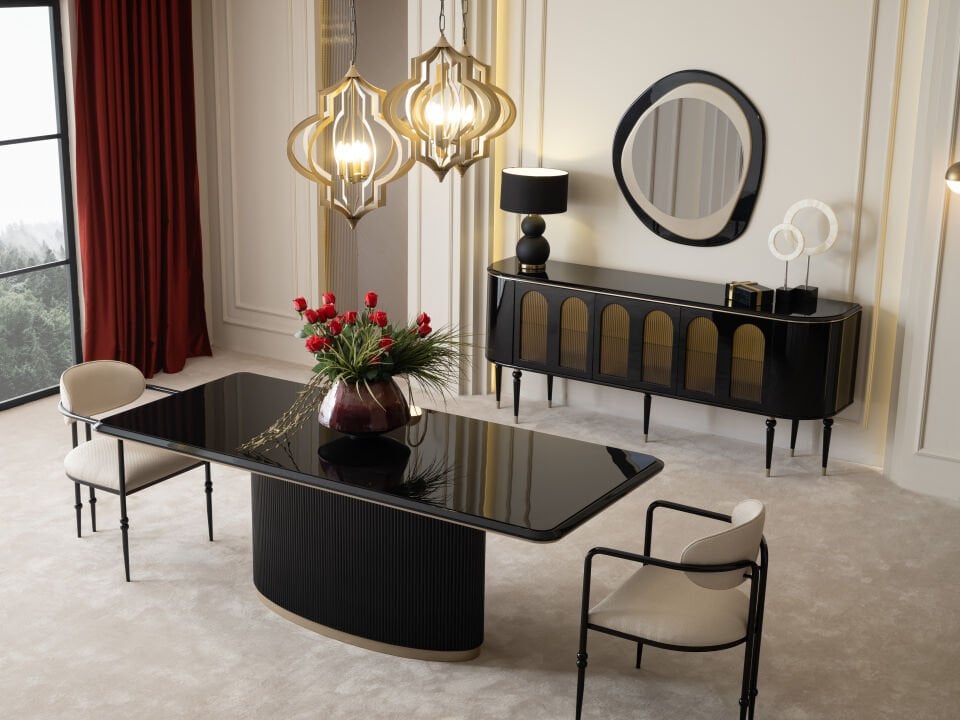 Granada Yemek Odası | Lüks Siyah Gold Takım