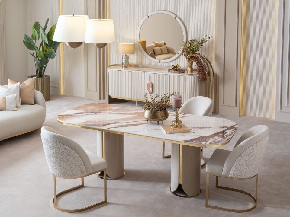 Hilton Yemek Odası | Lüks Mermer & Gold Takım