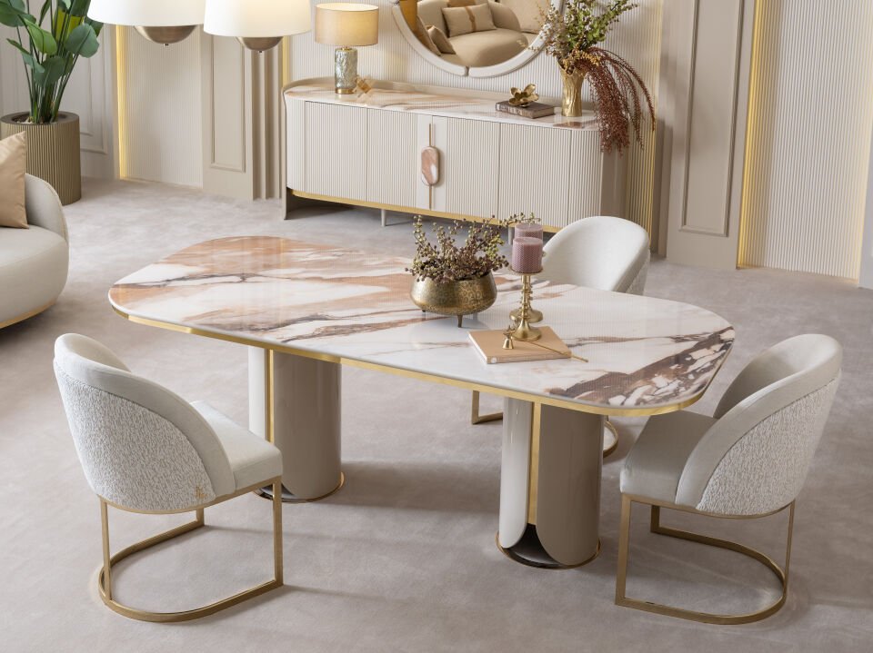 Hilton Yemek Odası | Lüks Mermer & Gold Takım