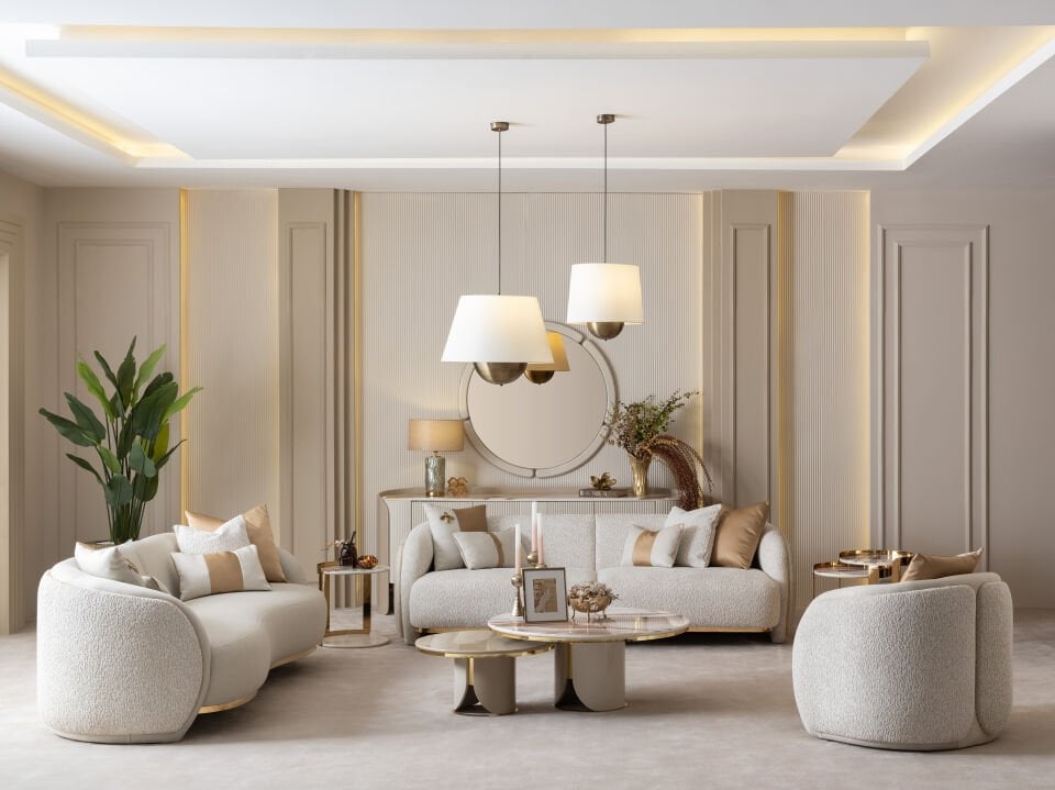 Hilton Koltuk Takımı | Lüks Bukle Krem & Gold