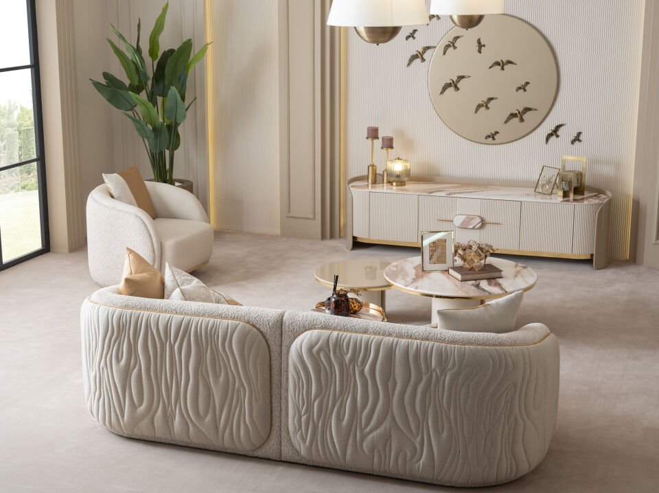 Hilton Koltuk Takımı | Lüks Bukle Krem & Gold