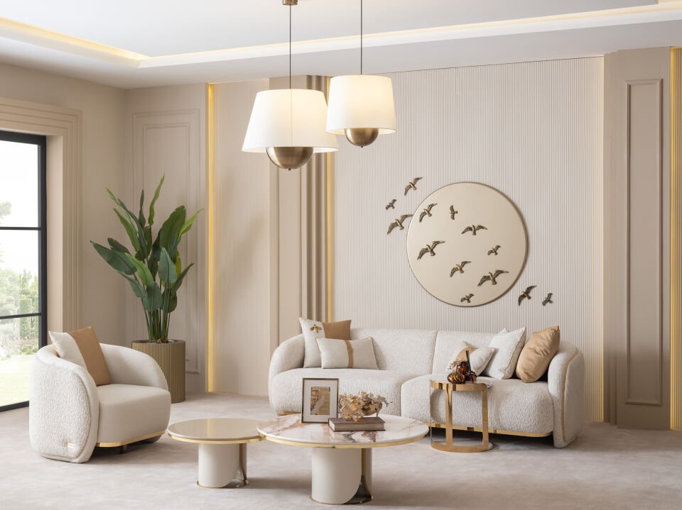 Hilton Koltuk Takımı | Lüks Bukle Krem & Gold