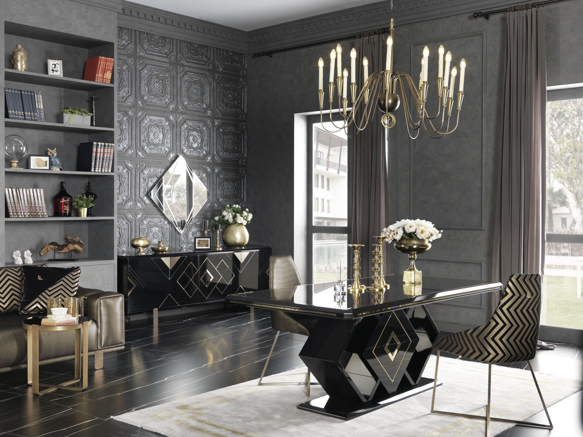 Versace Yemek Odası | Lüks Gold & Siyah Takım