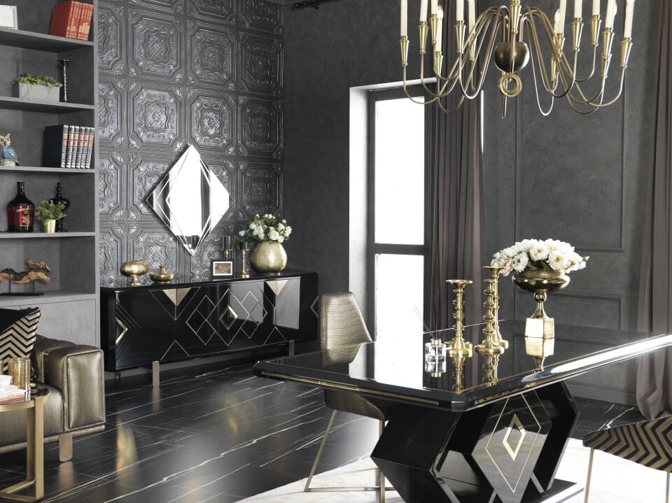 Versace Yemek Odası | Lüks Gold & Siyah Takım